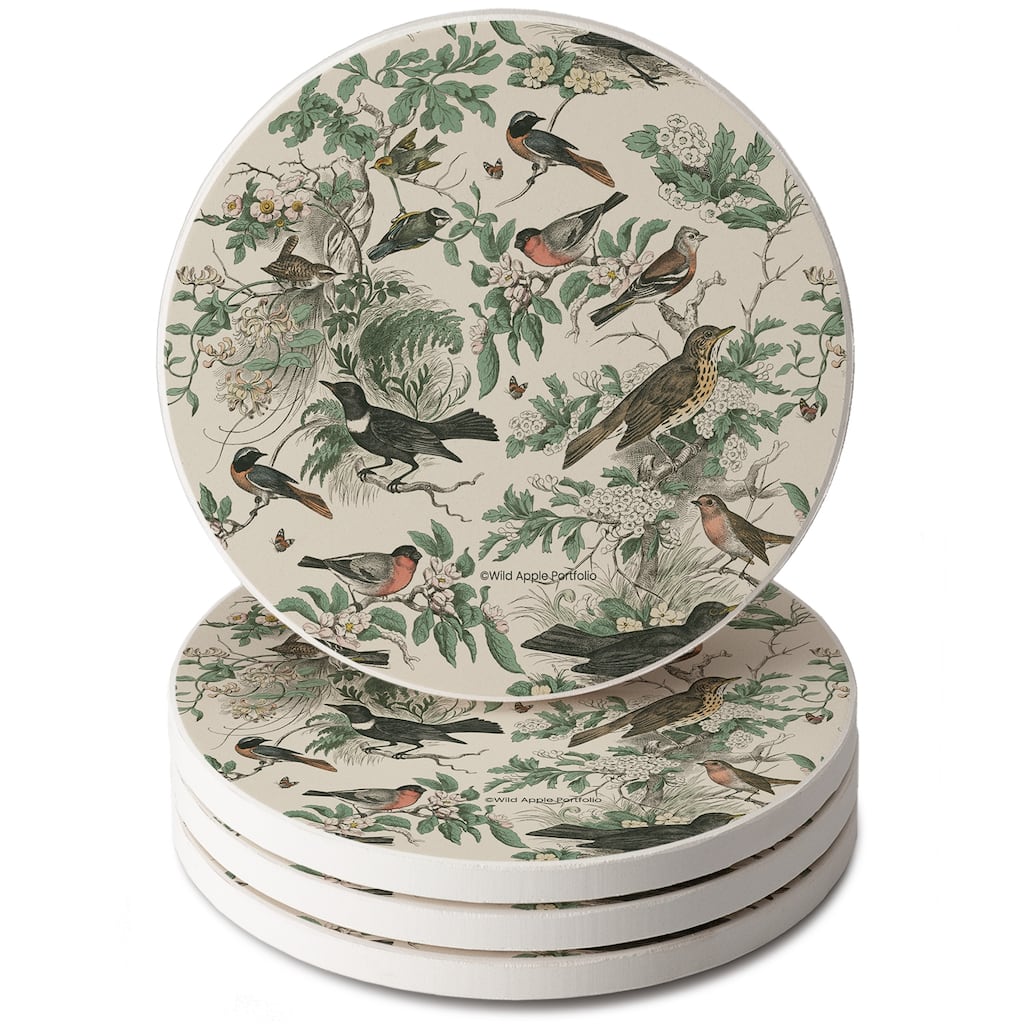 Honeybloom Birds 4 Pack Round Absorbent Stone Coasters with Protective Cork Backing Manufactured in The USA