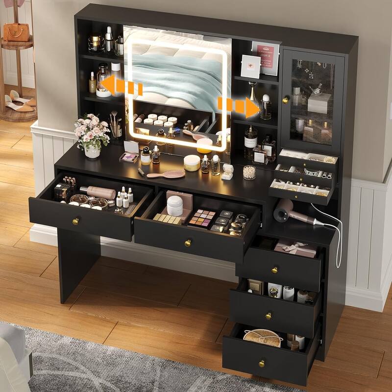 Vanity Desk with Sliding Mirror & Jewelry Organizer 5 Drawers