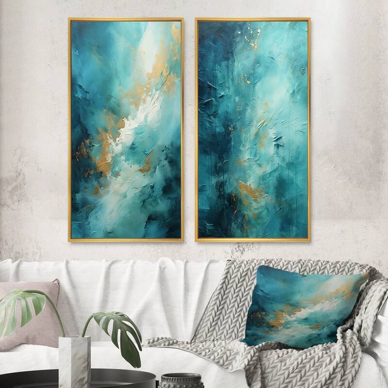 Designart "Turquoise Tranquility" Abstract Landscapes Framed Wall Art Set Of 2 - Green Gallery Set For Office Decor - 40 in. wide x 40 in. high - Gold