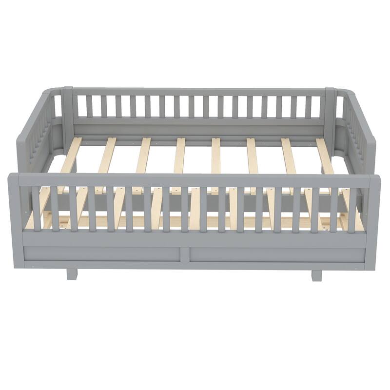 Twin XL Size Platform Bed with Guardrails, Solid Wood Twin XL Bed Frame, Can Be Converted into a Queen Platform Bed