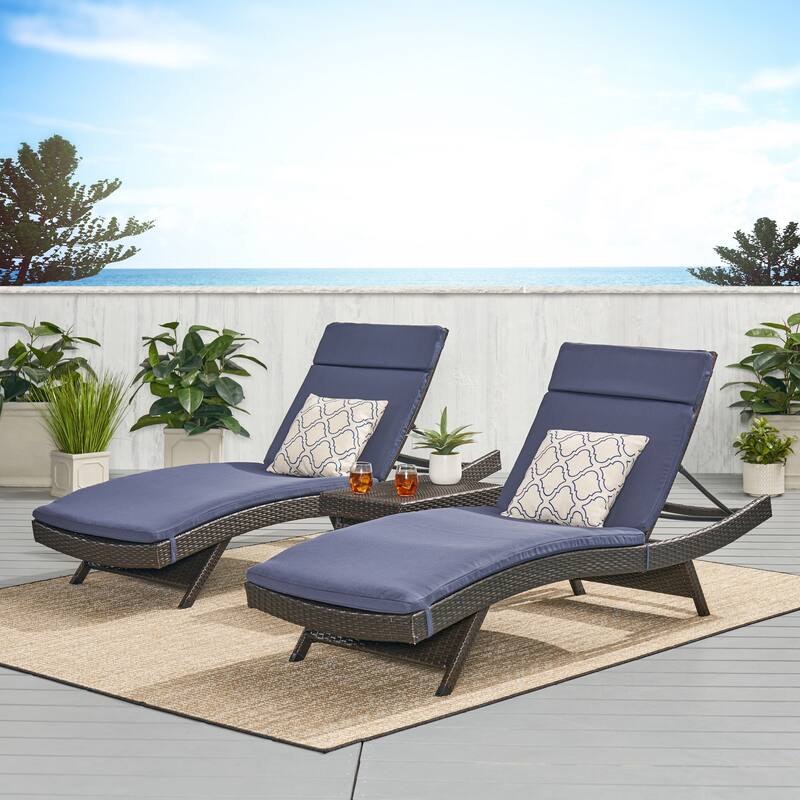 Vilano 3-piece Outdoor Cushioned Lounge Set by Havenside Home by Christopher Knight Home - Brown Wicker With Navy Blue Cushion
