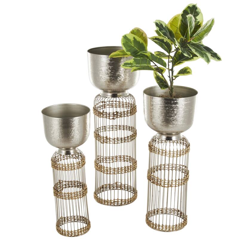 Metal Textured Dome Indoor Planter with Woven Seagrass or Rattan and Cage Rod Base - Set of 3 Gold or Silver - Roche River Decor - Silver - 32", 27", 24"H