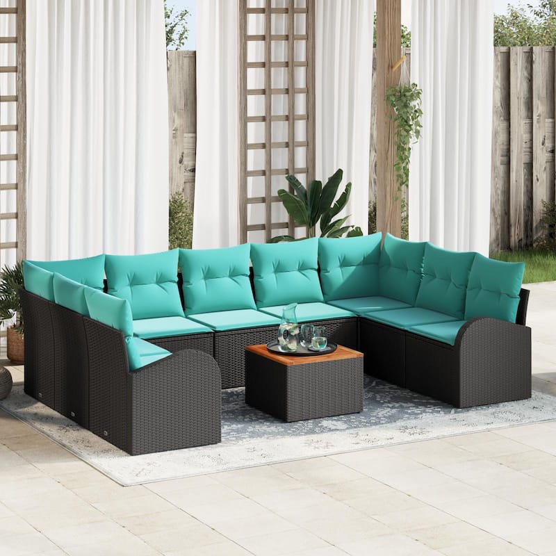vidaXL 10 Garden Sofa Set with Cushions Black/Grey Poly Rattan - 113.8 x 70.5 x 27.2 - Black