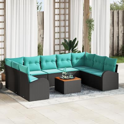 vidaXL 10 Piece Garden Sofa Set with Cushions Black Poly Rattan Acacia - 113.8×70.5×27.2
