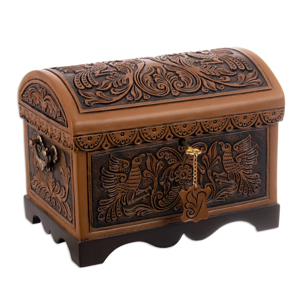Novica Handmade Andean Flowers And Birds Cedar And Leather Decorative Box