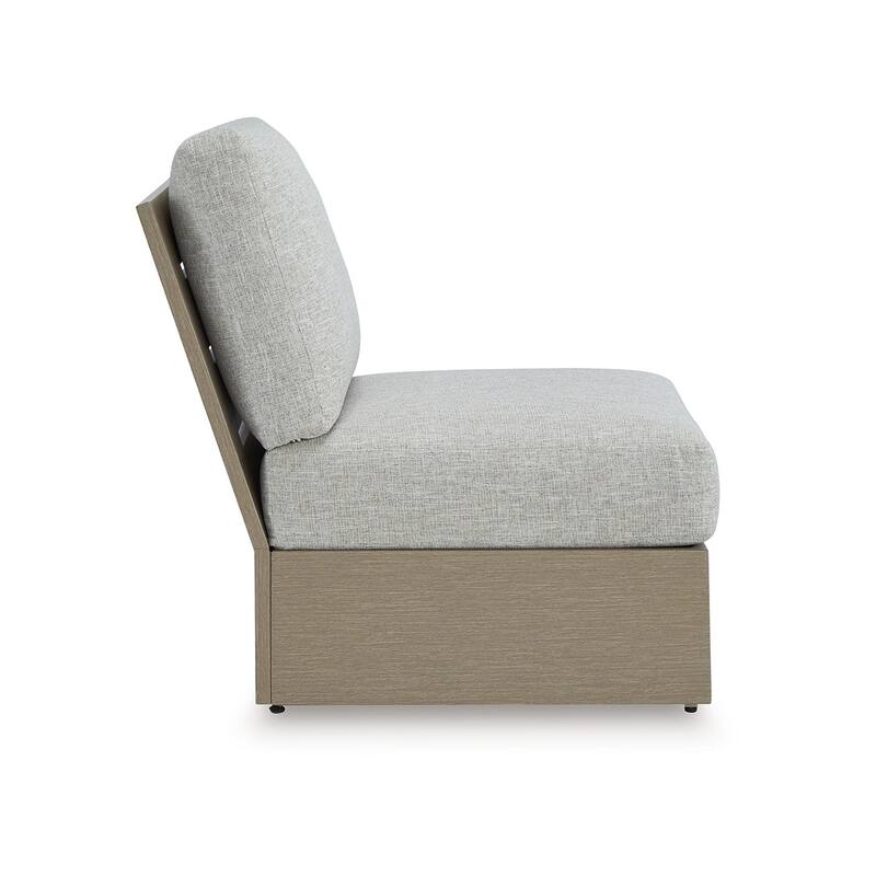 Isle Outdoor Armless Chair, Gray Cushion, Woodlike Brown Metal Frame