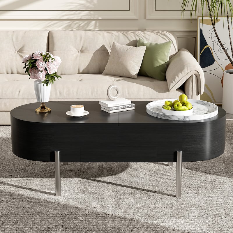 47.2" Lift Top Coffee Table with 360° Rotating Tray - Marble-Patterned Modern Oval Table with Hidden Compartment for Living Room
