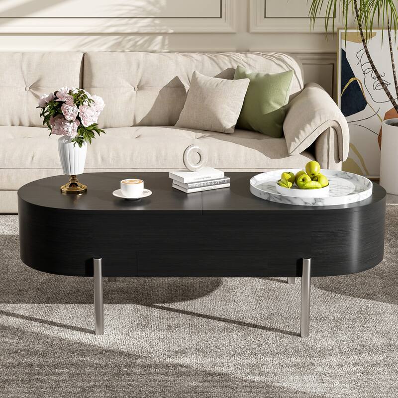 Lift-Up Marble Coffee Table with 360 Degree Rotating Tray 2 Hidden Compartments and 3 Drawers, for Family Living Room