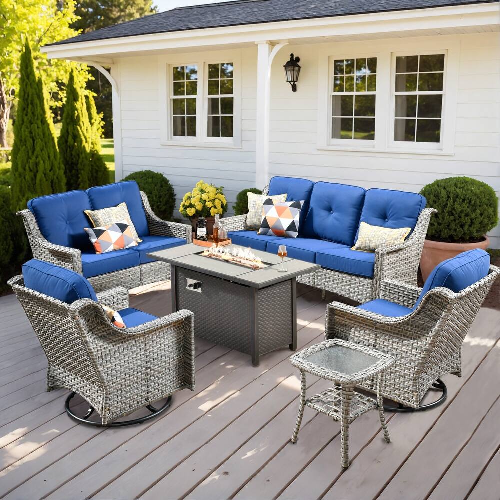 OVIOS 6 Pieces Outdoor Wicker Curved Swivel Chair Set With Fire Table