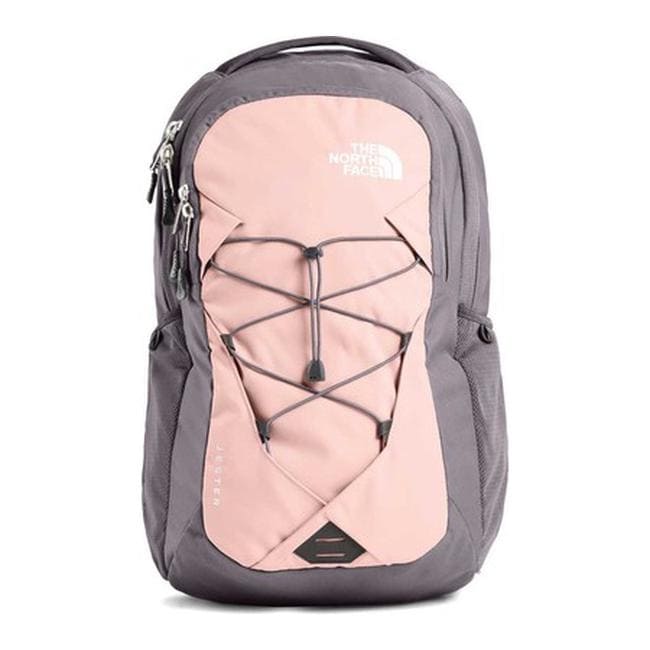 grey and pink north face backpack