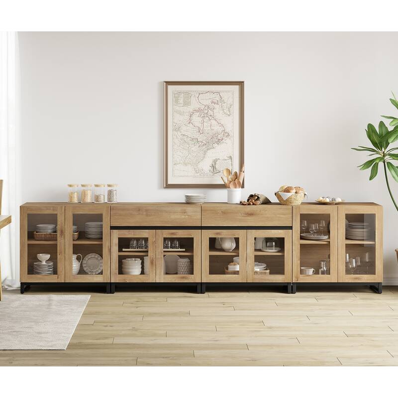4 in 1 Sideboard with 2 Glass Doors & Drawers, Adjustable Shelf, Metal Base for Living Room, Kitchen