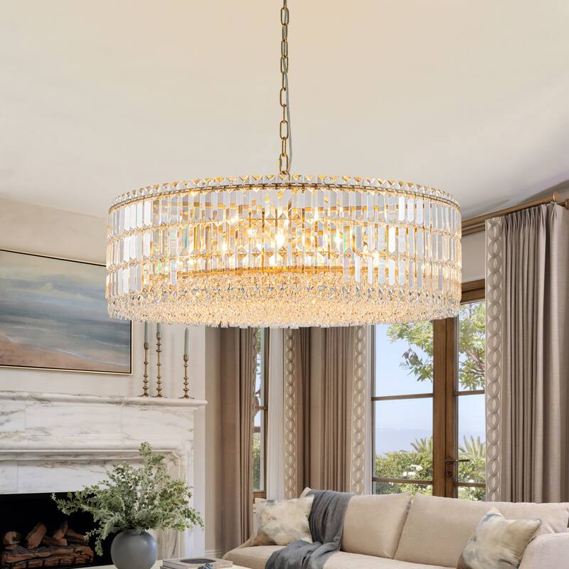 12-Lights Modern Drum Glam Dimmable Crystal Chandelier Round Kitchen Island Light - W31.5" - Gold