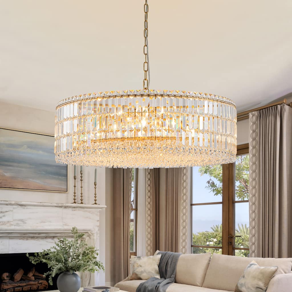 12-Lights Modern Drum Glam Dimmable Crystal Chandelier Round Kitchen Island Light - W31.5"