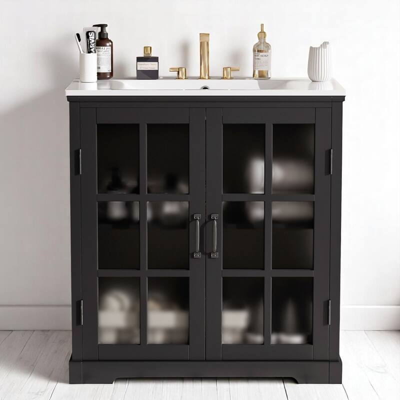 30" Bathroom Vanity with Ceramic Sink, Tempered Blurred Glass Doors,Adjustable Shelf, Freestanding Cabinet (Faucet Not Included) - Matte Black - 30" Ceramic+MDF,Rubber Wood