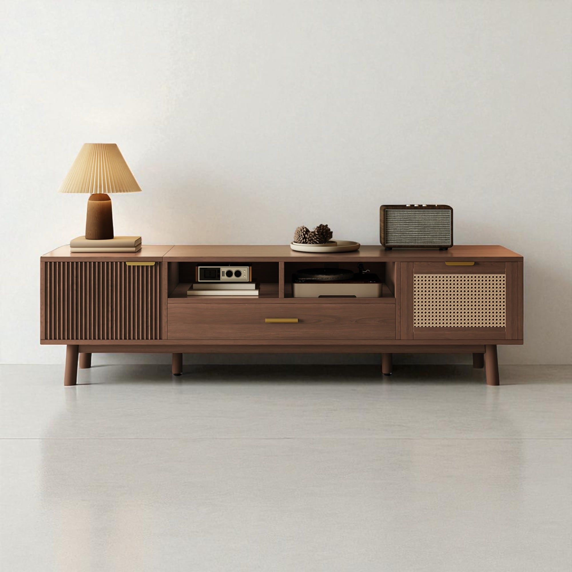 Wood Modern TV Stand with Rattan Doors, Drop-Down Cabinet and Drawer for 75" TVs, Soft-Close Console Table for Living Room