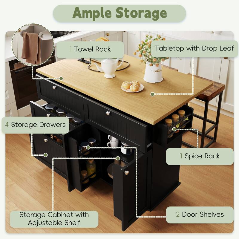 3PCS Sets Farmhouse Kitchen Island with 2 Stools, Drop Leaf, Cabinet, Drawers, Door Shelves, Power Outlet
