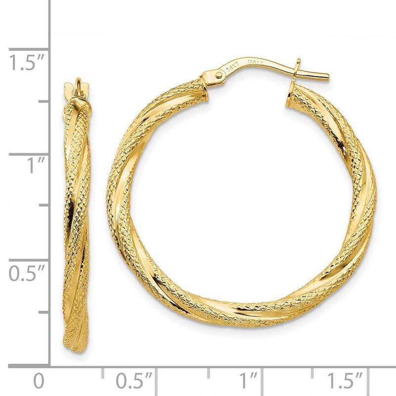 Curata 14k Yellow Gold Twisted Textured 3x32mm Hoop Earrings