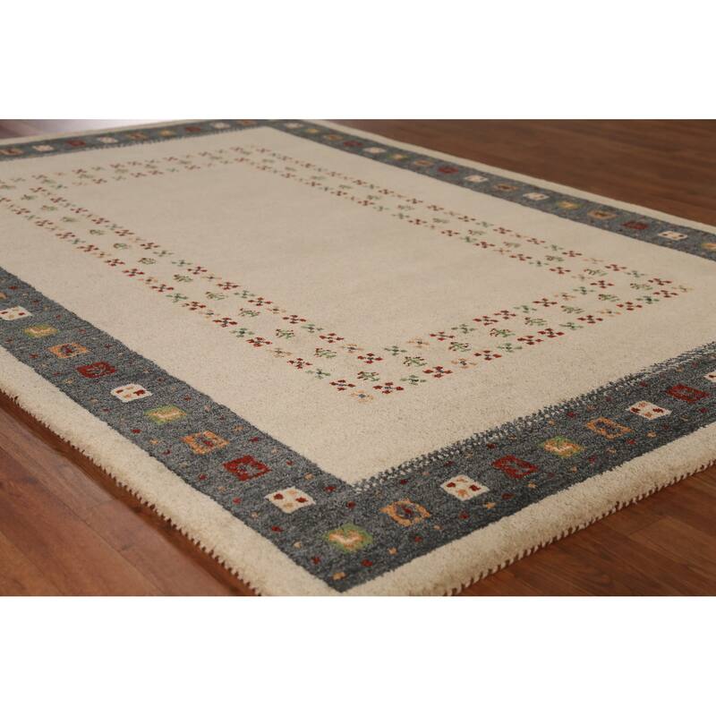 Geometric Beige Gabbeh Area Rug Hand-Tufted Wool Carpet - 5'3" x 7'7" - 5'3" x 7'7" - Ivory/Beige