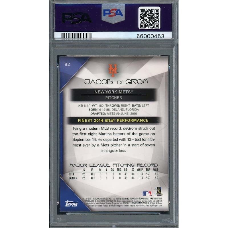 Jacob deGrom 2015 Topps Finest Baseball Card #92 Graded PSA 10 - 8'6" x 11'6"