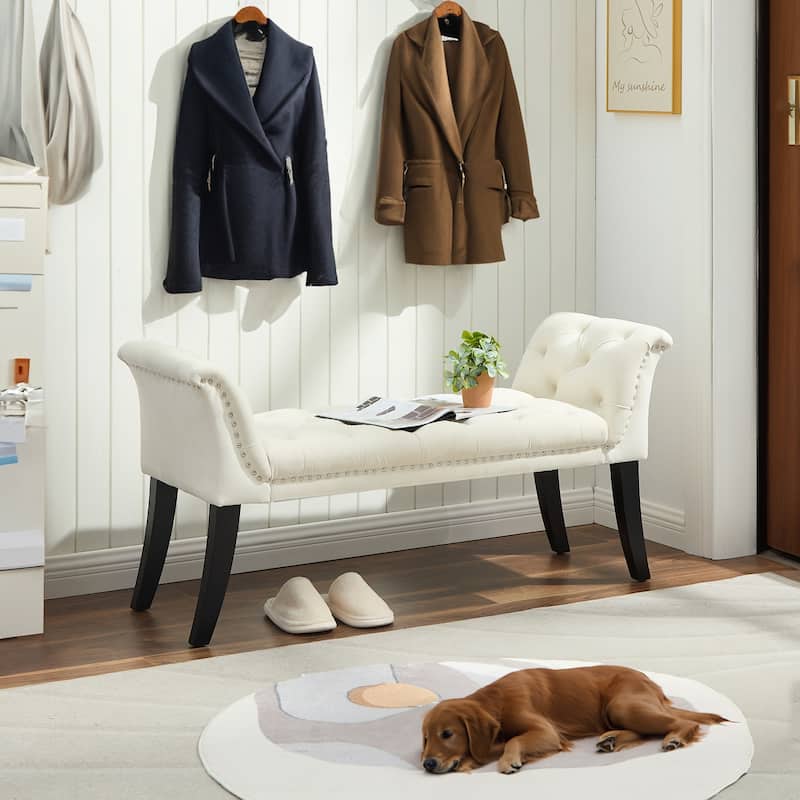 Rectangular End of Bed Bench Upholstered Seat with Tufted Buttons, Decorative Bench Window Bench with Armrests