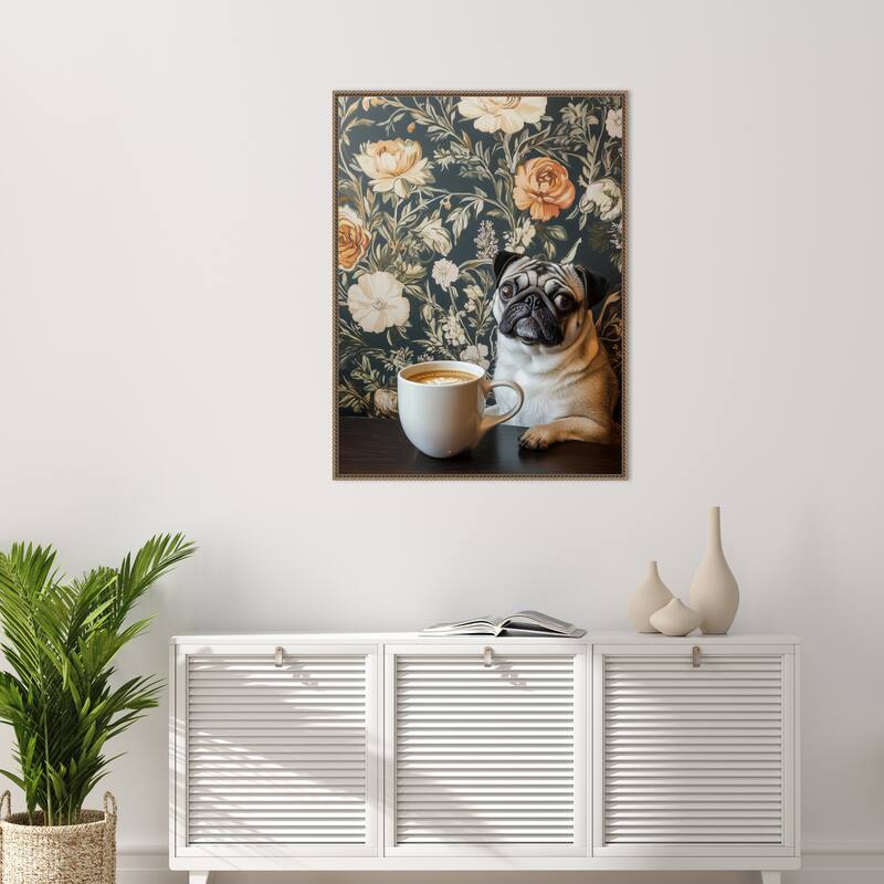 The Latte Loving Pug by Mowzu Framed Canvas Wall Art