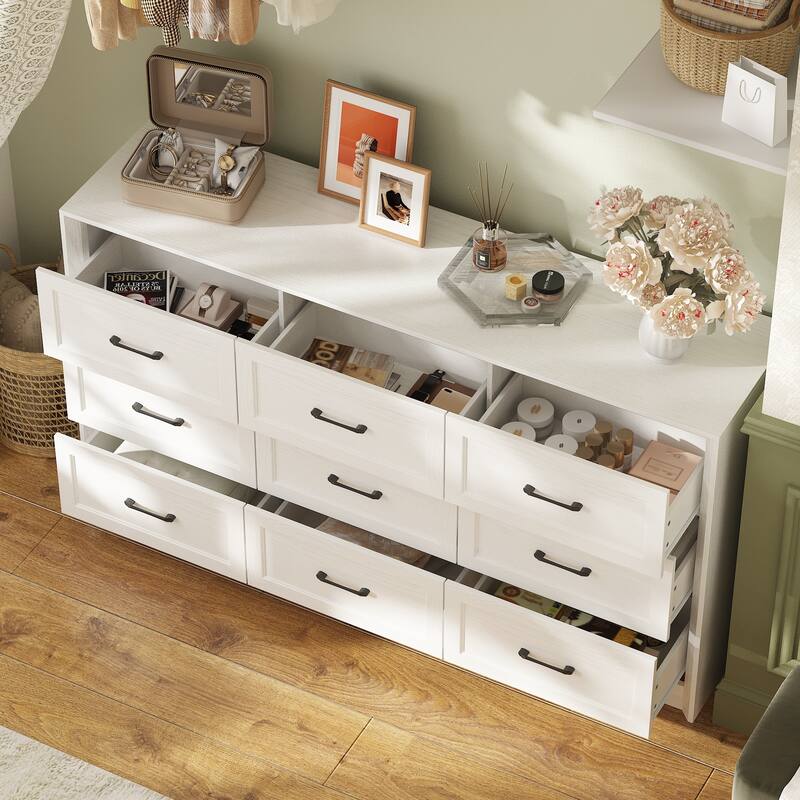 9 Drawers Dresser Large Capacity 62.2" W Sturdy Triple Chest White Brown