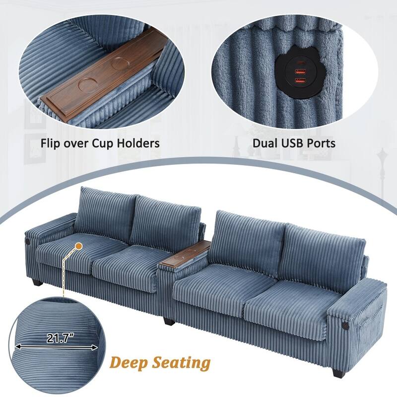 133" Modern 4-seater Corduroy Sofa Couch with USB Ports and Flip-top Cup Holders