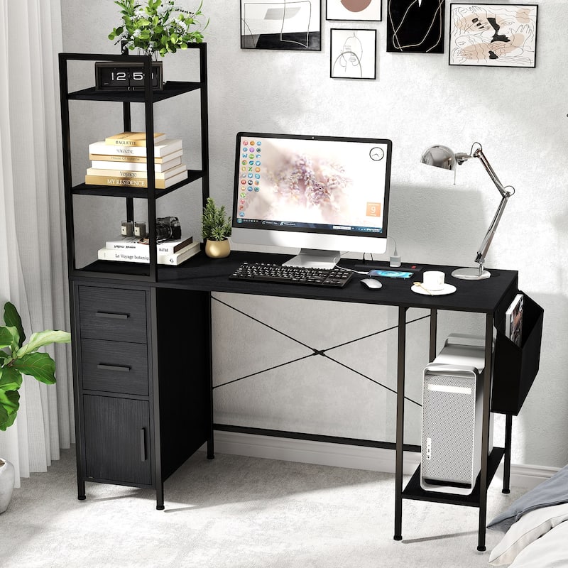 Small Computer Desk with Storage Shelves Modern Writing Table for Home Office in White or Black Engineered Wood