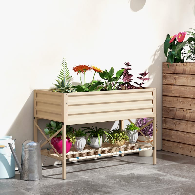 Raised Garden Bed with Galvanized Steel Frame, Storage Shelf and Bed Liner, Elevated Box with Legs for Vegetables, Flowers