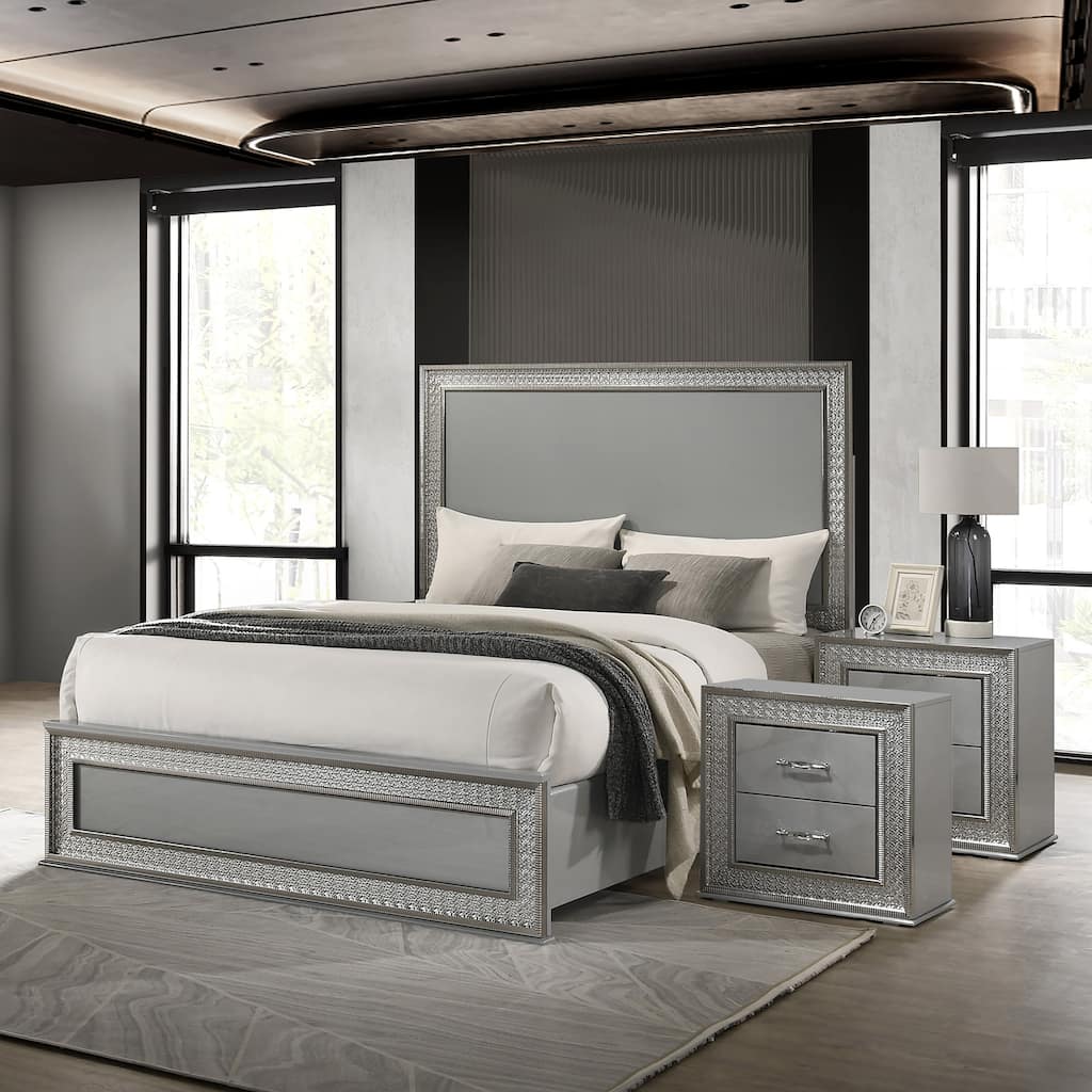 Furniture of America Isabella Glam 3-Piece Metallic Grey Wood King Platform Bedroom Set