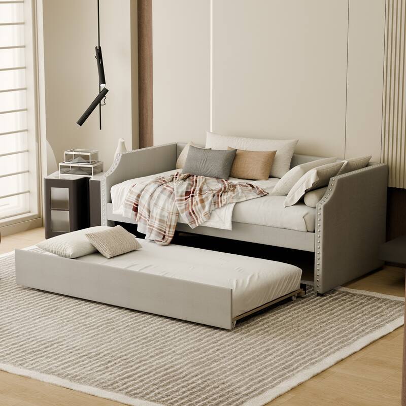 Modern Twin Size Upholstered Daybed with Trundle, Light Gray Fabric Sofa Bed with Plywood Slats and Nailhead Trim