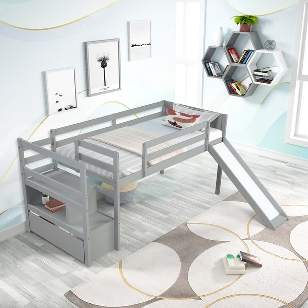 slide 2 of 18, Twin Size Loft Bed with Slide and Storage, Wooden Low Loftbeds Frame Gray - Twin