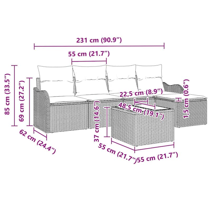 vidaXL 5/6 Garden Sofa Set with Cushions Black/Brown/Grey Poly Rattan - 90.9 x 24.4 x 27.2