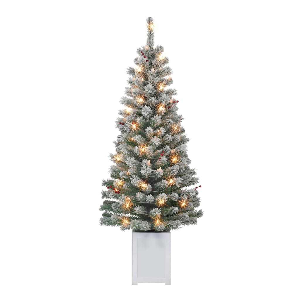 Puleo International Set of 2 5 ft. Pre-Lit Potted Flocked Western Spruce Trees