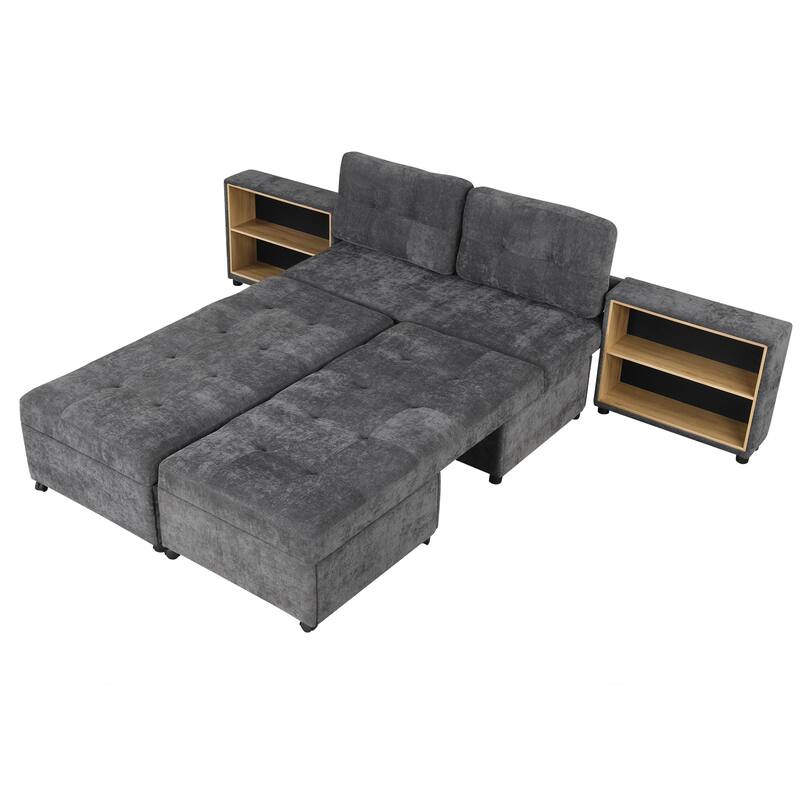 121.2" Chenille Modular Sofa Bed with Two Storage Racks, Free-Combined Design, and Smooth-Rolling Wheels