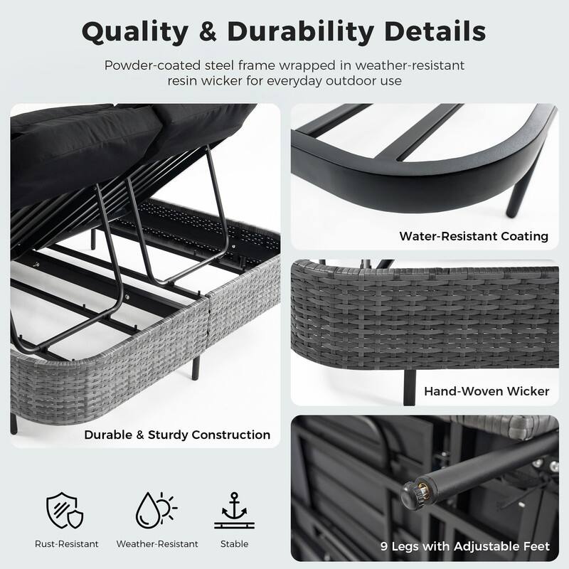 2-Person Outdoor Double Chaise Lounge with 2 Side Tables, Wicker Patio Reclining Daybed, Adjustable Backrests, 800 lb Capacity