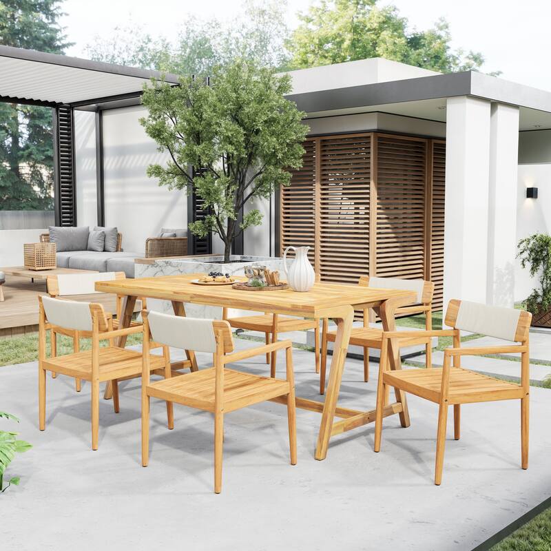 Christopher Knight Home-Eulalia 7 Piece Acacia Wood Outdoor Dining Set - Teak+ White