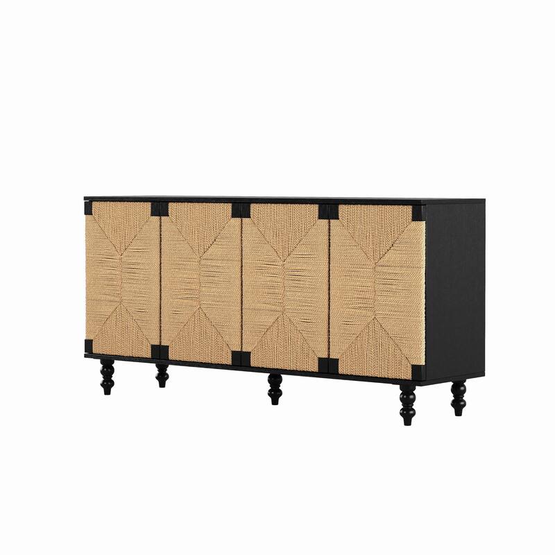 Accent Sideboard Buffet Cabinet with Wire-Brushed & Seagrass Doors, Wood TV Stand for Hallway & Dining