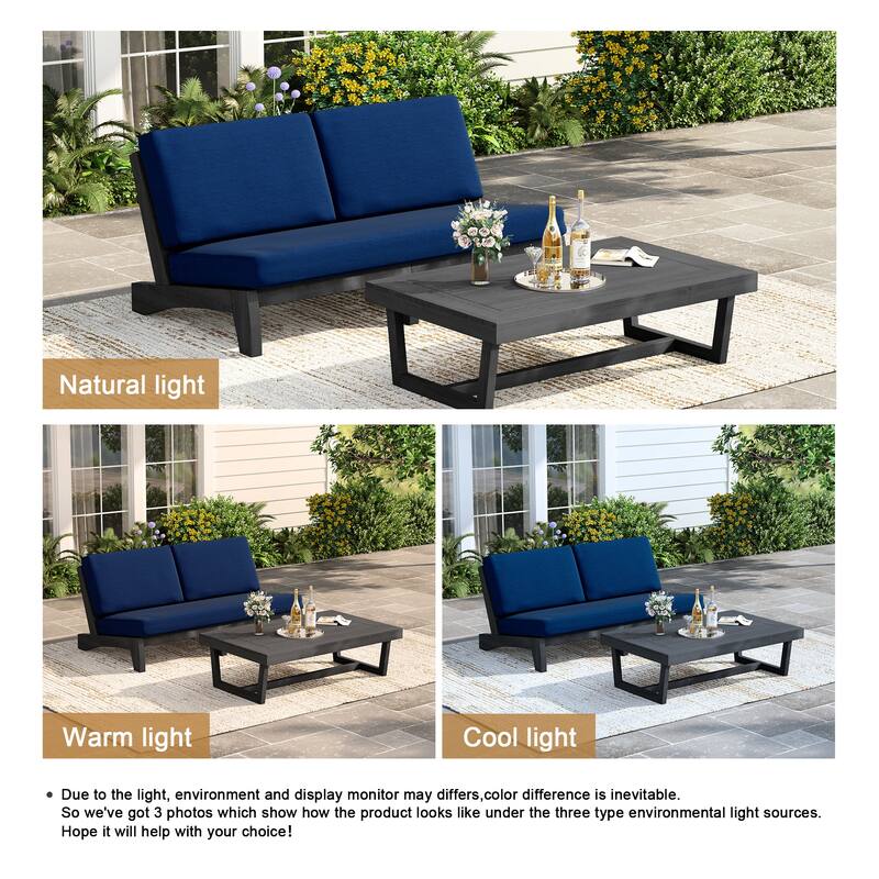 3 Seat Wood 64" W Cushioned Outdoor Patio Sofa with Coffee Table