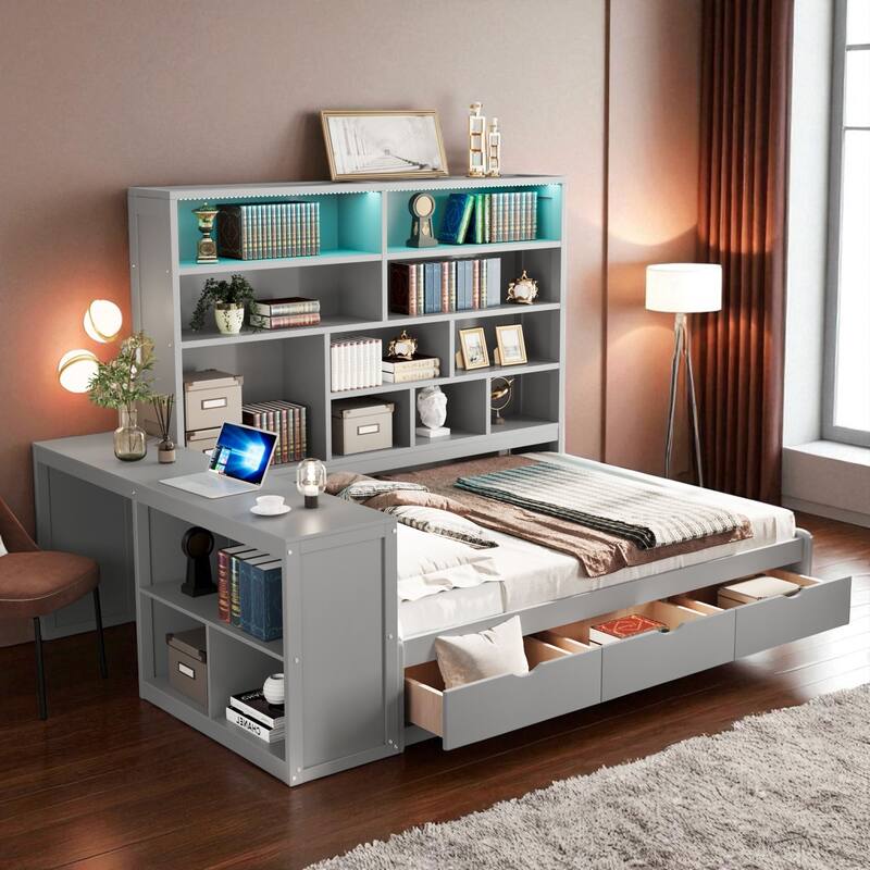 Full Size Wooden Daybed with Desk, Shelves & Lights, 3 Drawers, Reversible Layout, 76 x 68.9 x 65.2 in