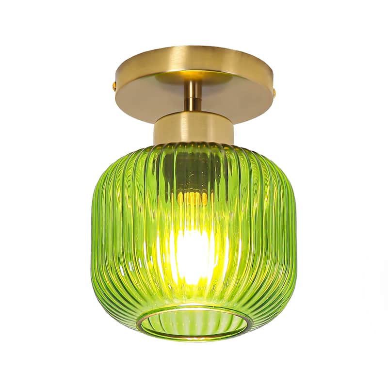 5.9" Wide Vintage Gold Semi Ceiling Light Flush Mount with Green Glass - D 5.9" x H 7.7"
