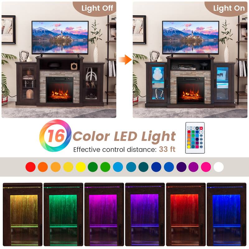 Electric Fireplace TV Stand with 16-Color LED Lights and Adjustable Glass Shelves for Living Room - 59" x 10" x 32.5"