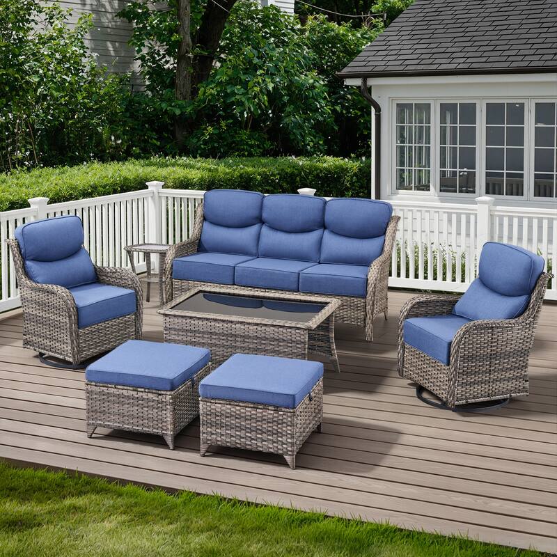 Meyreso 7-Piece Wicker Patio Conversation Set with Swivel Gliders and 6-Inch Thick Cushions