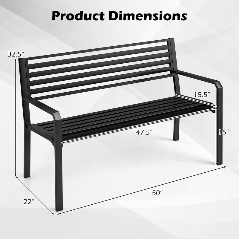 Black Metal Park Bench with Slatted Seat, Armrests and 3-Person Capacity - 50” L x 22” W x32.5” H