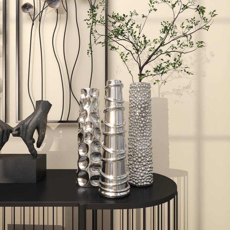 Ceramic Slim Cone Shaped Decorative Vase with Varying Textures - Set of 3 Silver - Roche River Decor