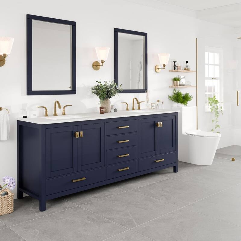 Aberdeen 84"W Blue DS Bath Vanity with Carrara Quartz Top