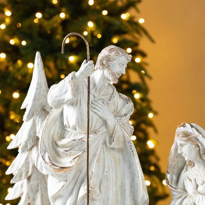 Glitzhome S/5 24.5"H/14"H White/Gold Resin Holy Family Nativity with Christmas Trees
