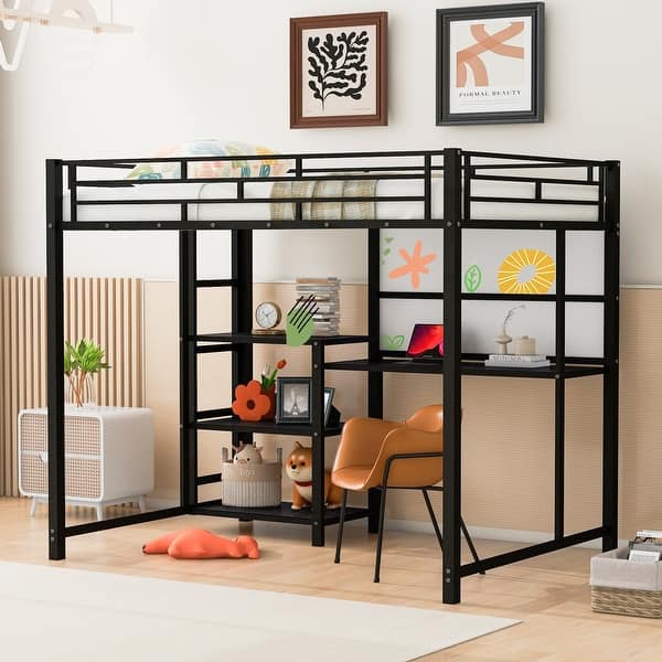 slide 2 of 9, Black Metal Loft Bed with Desk, Whiteboard, and 3 Shelves, Includes Ladder Full - Black
