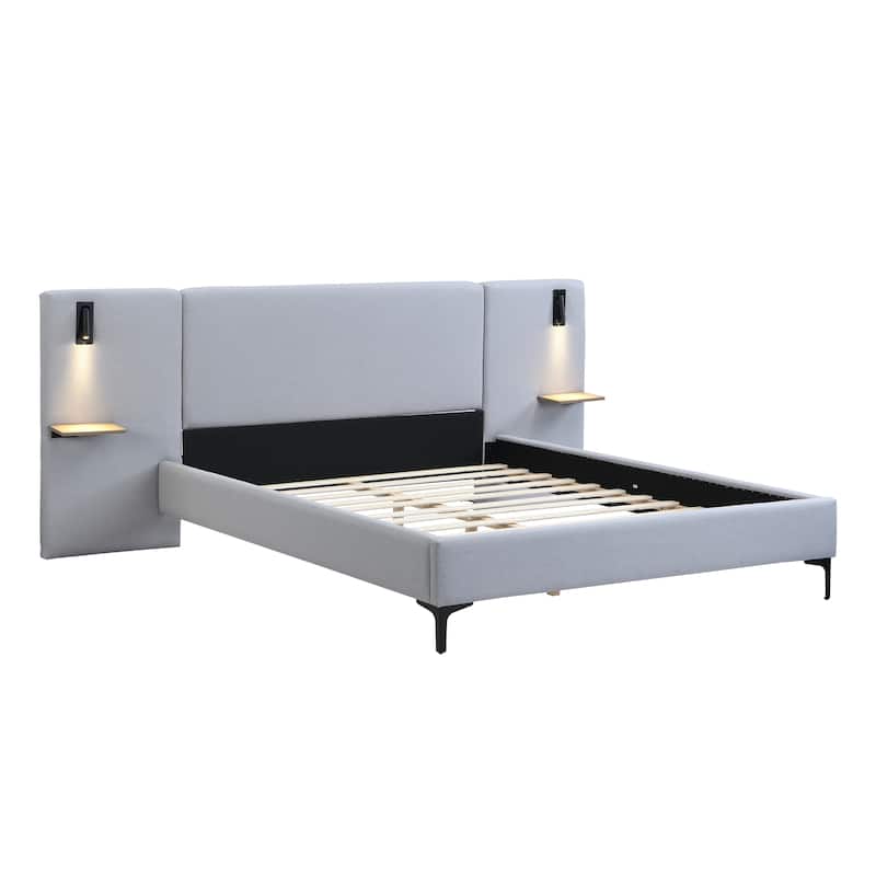 Linen Upholstered Bed Platform Bed with Bedside Lights and Convenient Shelves Storage Bed Wingback Bed with Iron Legs