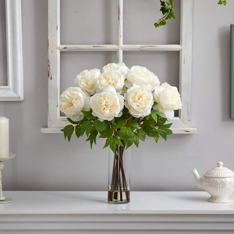 22" Artificial Peony Arrangement with Cylinder Glass Vase